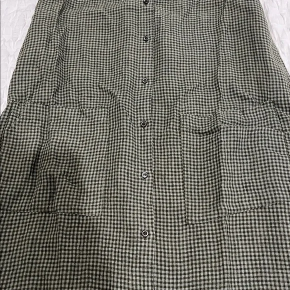 Eileen Fisher Loden Green Gingham Puckered Organic Linen Dress XS NWT